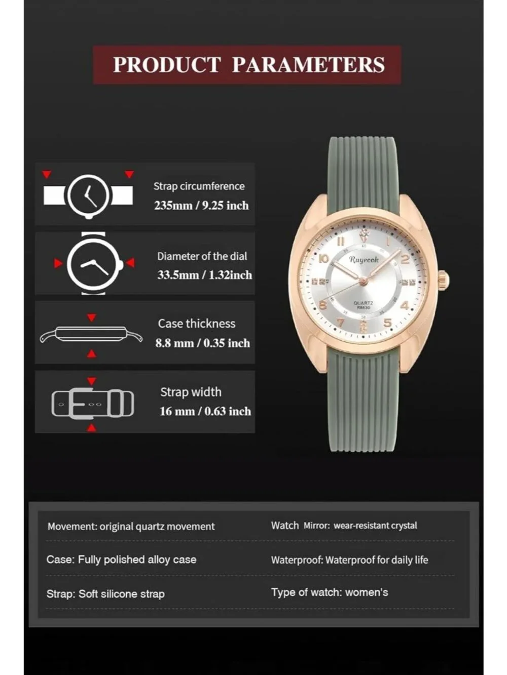 Women's Green Analog Quartz Elegant Silicone Band Waterproof Nurse Wrist Watch